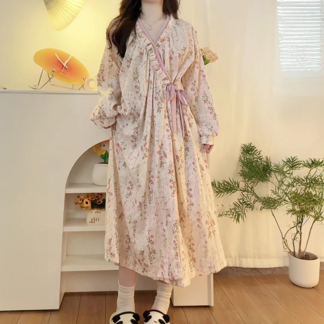 밤가운 여성의 봄과 가을 새로운 구름면 하이 엔드 센스 모네 가든 긴 잠옷 잠옷 목욕 목욕 가운 홈 옷