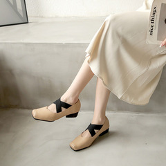Mary Jane Women's Shoes, Retro Square Toe, Versatile Pig Nose Ballet Flats, Open Toe Fairy Style, Thick Heel, Grandma Shoes