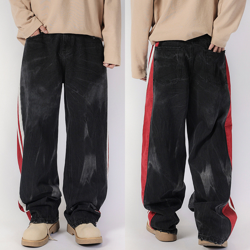 American Spliced ​​Striped Jeans Men's Autumn and Winter 2024 New Fashion Brand Loose Casual Straight Wide Leg Long Pants