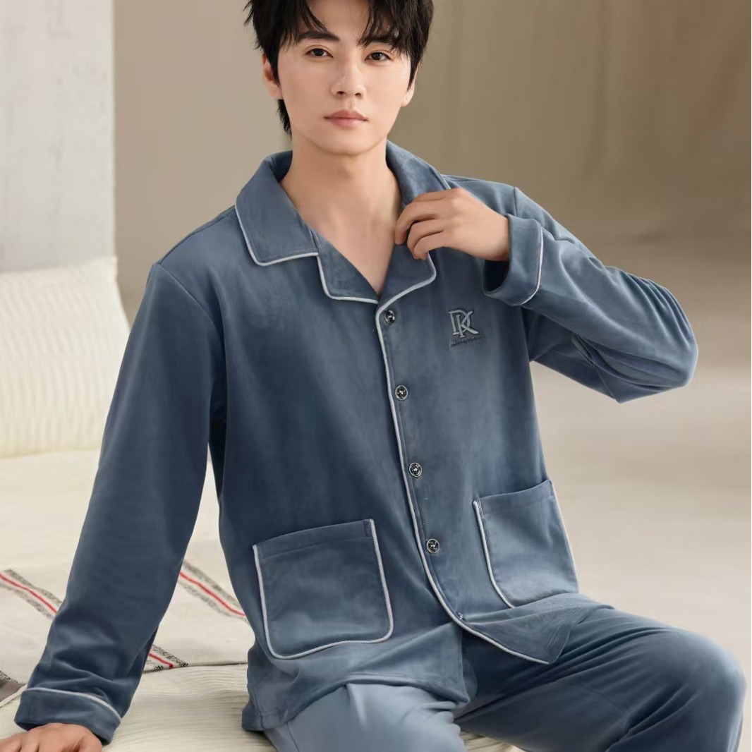 깃털 요정 남성 잠옷 새로운 두꺼운 섬 벨벳 부드러운 라펠 가디건 심플하고 따뜻하고 편안한 홈웨어