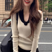 奥汀玫瑰rose 绵羊毛法式名媛V领长袖撞色打底针织衫女秋