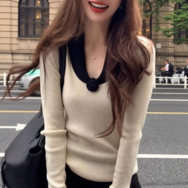 Otting Rose Rose Sheep Wool French Socialite V Neck Long-Sleeved Contrasting Color Bottoming Knitwear for Women in Autumn
