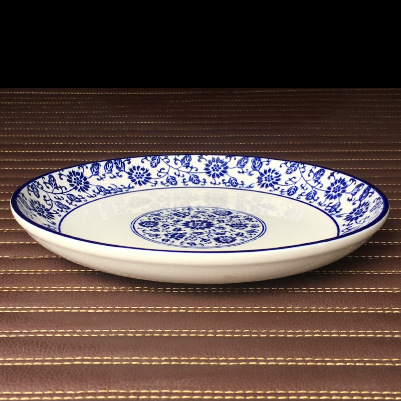Сине-белая керамическая тарелка для риса, тарелка для домашней кухни в отеле, неглубокая тарелка, круглая тарелка с рыбной головой из измельченного перца, тарелка с фруктами, тарелка для холодных блюд
