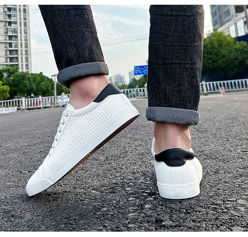 Caoutchouc petit blanc nouveaux trous de maille en cuir décontracté, à lacets d'été, chaussures de sport à fond plat pour étudiants, pour hommes_voghion.com