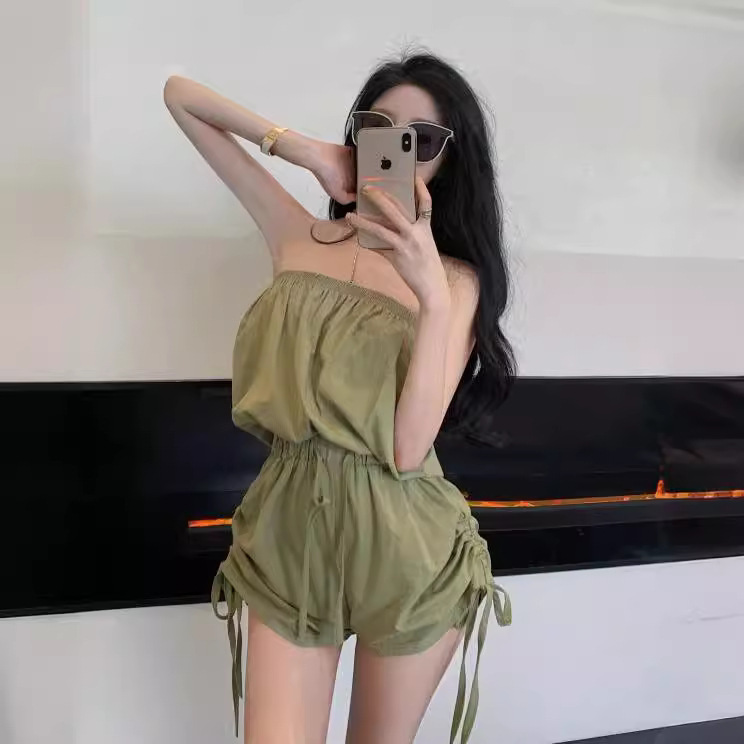 Strapless Jumpsuit Women's Strap Pleated Wide Leg Pants Summer Thin Waist Loose Shorts Small Solid Color Pants