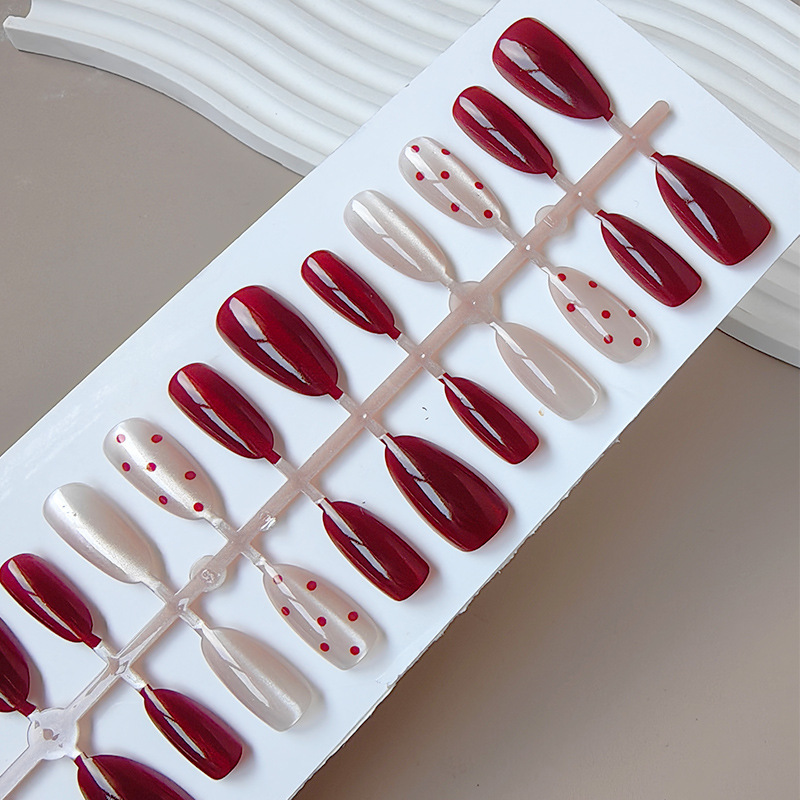 Manicure Wearable Nails Cat Eye Wine Red Polka Dot Nail Patch Almond Nail Patch Whitening Temperament 30 Pieces Pre-Made Nails