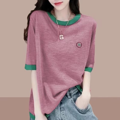 Short-sleeved bamboo joint cotton T-shirt for women 2025 spring and summer new thin large size loose casual spliced ​​half-sleeved top for women