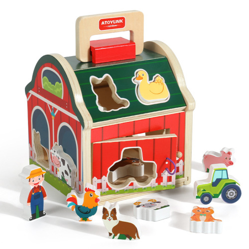 Baby portable cartoon farm smart house animal shape knocking ball storage building blocks disassembly and matching wooden toys