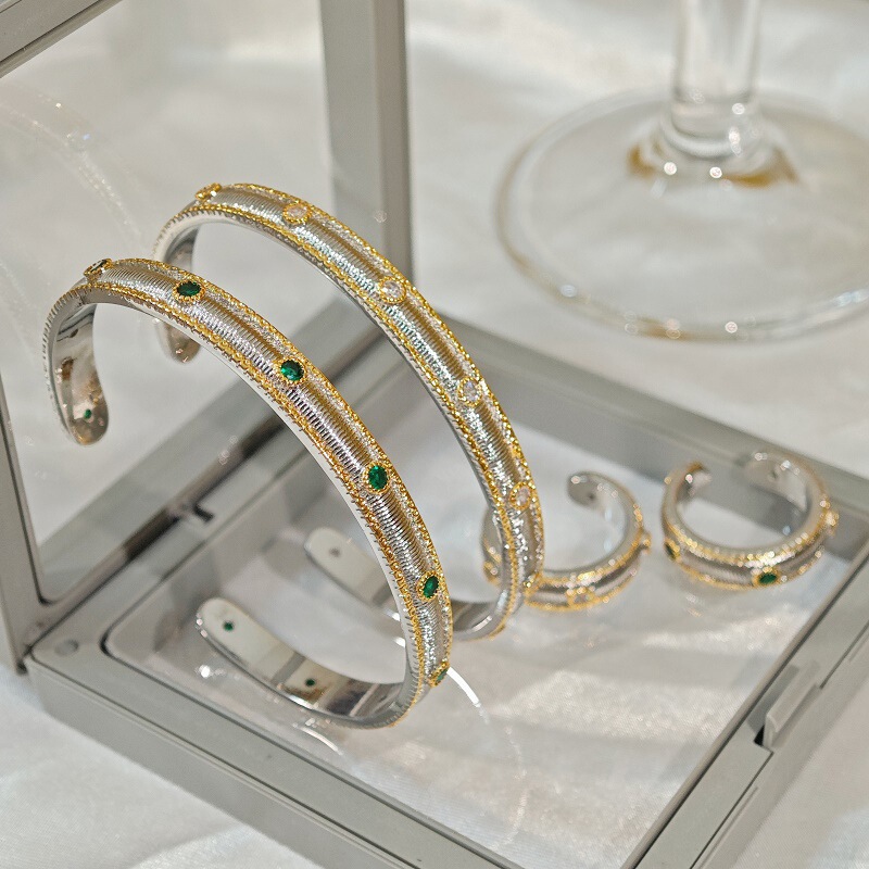 Italian Cloth Qi Latiras Craft Emerald Bracelet Women's Vintage Palace Style Diamond Bracelet Open Ring