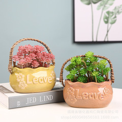 個性簡約彩色陶瓷花盆 藤條掛鈎家居擺件多肉植物盆栽 微景觀盆景