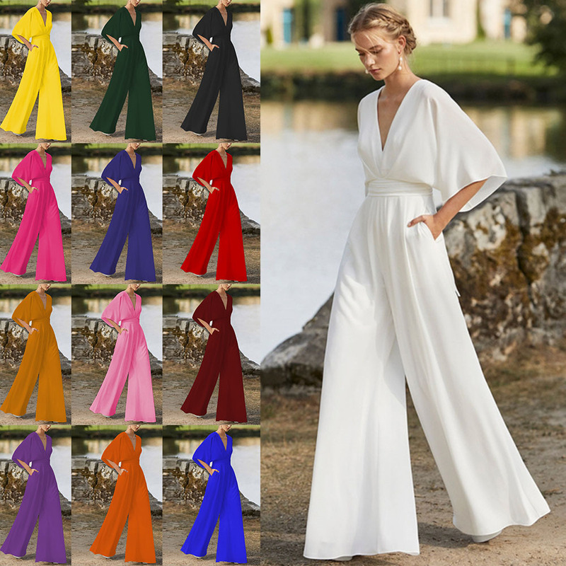 2026 Winter New European and American Foreign Trade Women's Fashion Jumpsuit Amazon Hot-Selling Deep V High-Waisted Wide-Leg Pants 2026 Winter New European and American Foreign Trade Women's Fashion Jumpsuit Amazon Hot-Selling Deep V High-Waisted Wide-Leg Pants