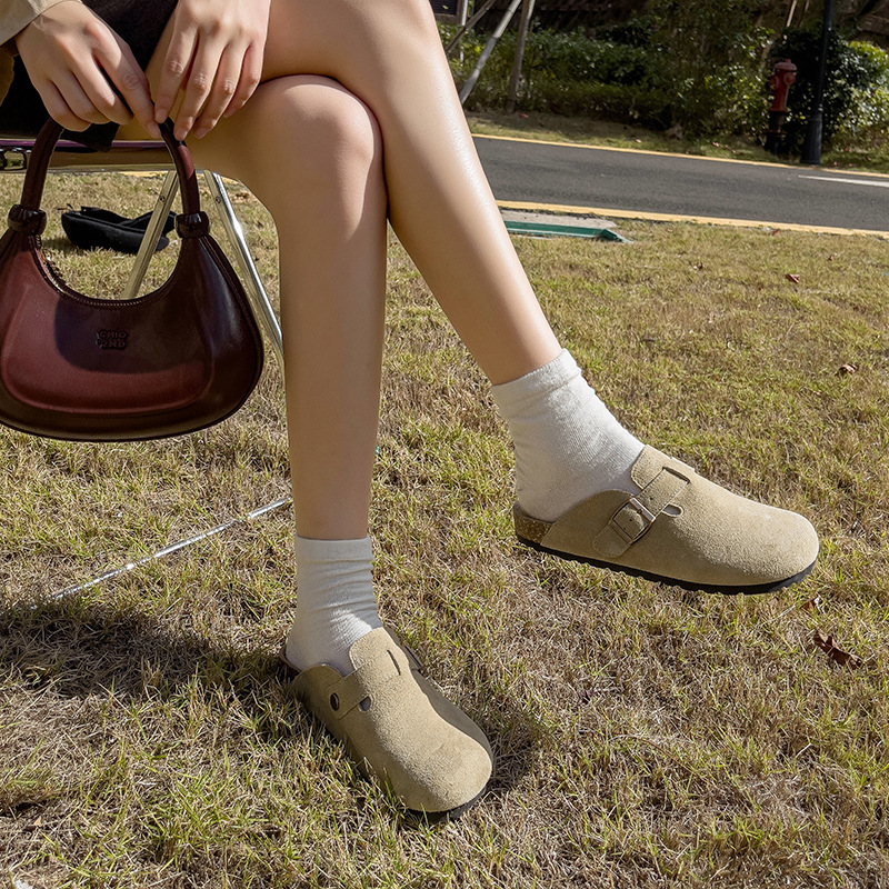 本革牛革セミラーベキン靴女性2025新型の平底夏の外は包頭スリッパを履いています。|undefined