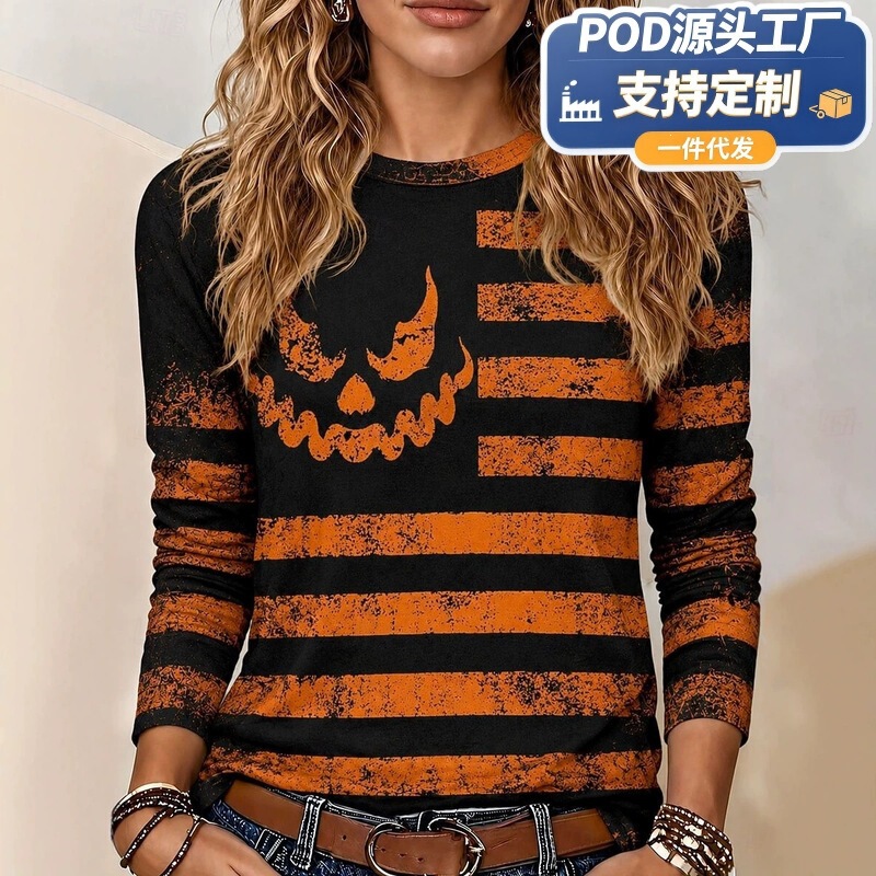 Halloween Women's Long Sleeve T-Shirt with Pumpkin and Skull Pattern, Vintage Fashion Round Neck Regular Fit Top for Everyday and Weekend Wear Halloween Women's Long Sleeve T-Shirt with Pumpkin and Skull Pattern, Vintage Fashion Round Neck Regular Fit Top for Everyday and Weekend Wear