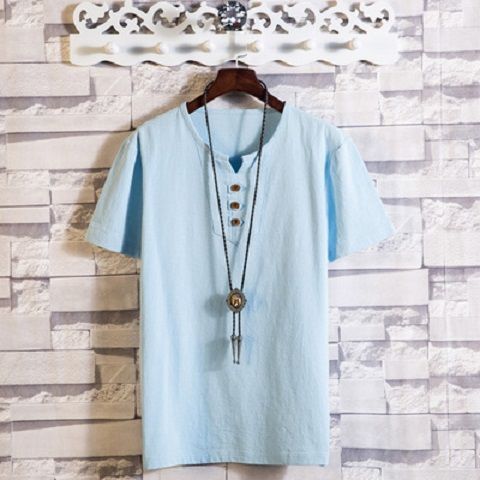 中国風亜麻tシャツ男性半袖夏純色綿麻半袖vネックシャツ中国式男性服百合上着