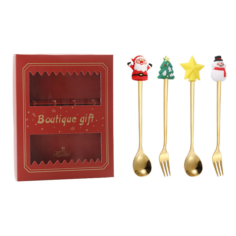 クリスマススプーンセット クリスマス食器ギフト2点セット デザートスプーンとフォーク サンタクロースとトナカイのフィギュア付きスプーン|undefined