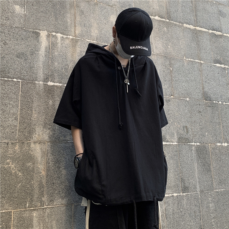 Dark Style Men's European and American Short-sleeved Top ins Hip-hop Hooded Profile Sweater Half-sleeved College Style T-shirt for Men