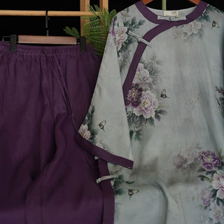 夏季新款  文艺复古苎麻数码印花盘扣全侧开短款禅意茶服247452