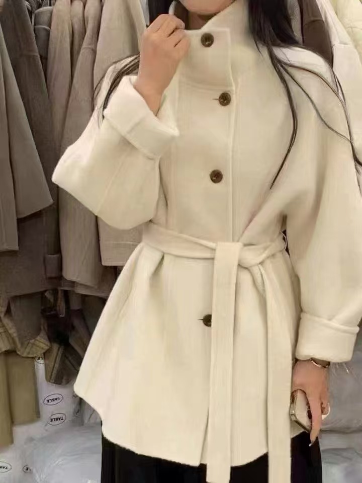 2024新型ヘボン風両面ウールコート女性韓国版学院風小柄で痩せ毛が見えるコート立襟