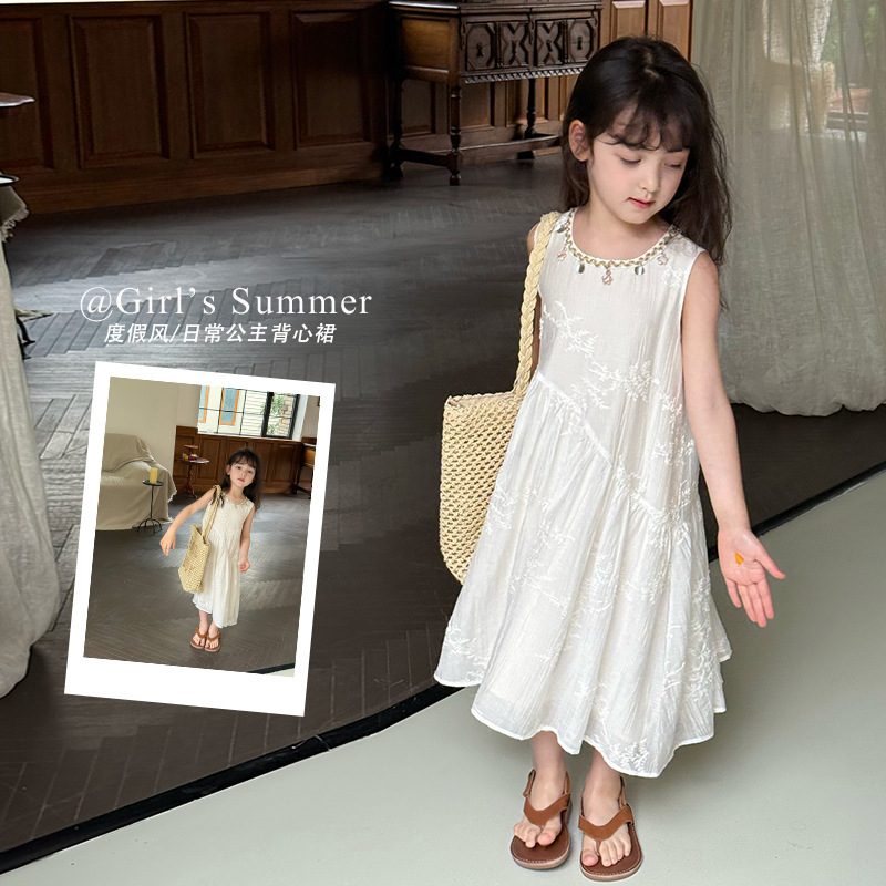 Aimo Beibei Children's Clothing Girls Summer Style Holiday Style Dress Textured Tencel Strip Embroidered Princess Vest Dress