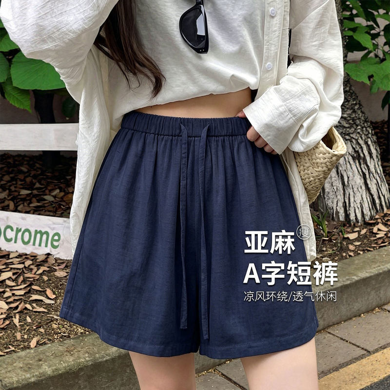 Women's Cotton-Linen Shorts, New Summer Style, Drapey, Navy Blue, Loose Casual Fit, Petite Size, Thin Linen Five-Point Shorts Women's Cotton-Linen Shorts, New Summer Style, Drapey, Navy Blue, Loose Casual Fit, Petite Size, Thin Linen Five-Point Shorts