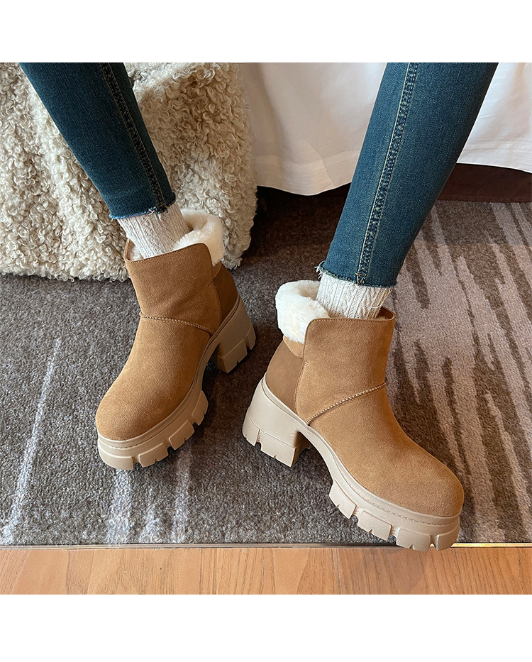 Boot tuyết nữ len thật gót cao đế dày ống ngắn lót lông giữ ấm — màu đen chi tiết 11