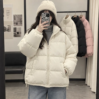 棉服外套女装日常简约休闲纯色百搭温柔风连帽立领冬季保暖棉衣