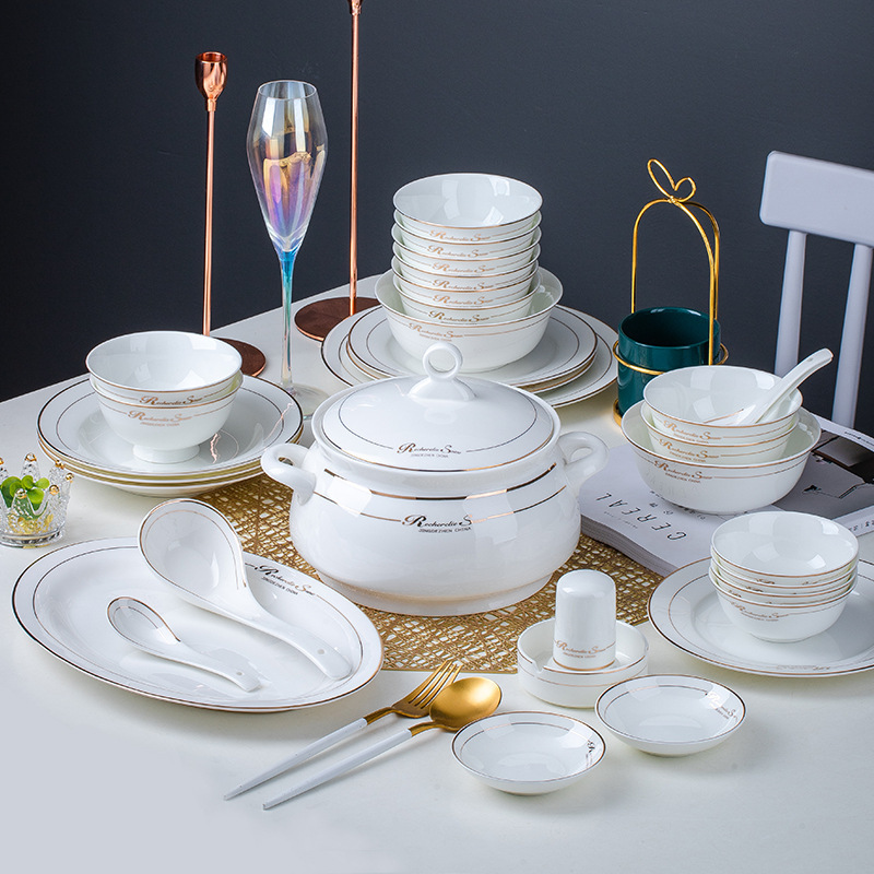 Modern Simple and Luxurious Jingdezhen Ceramic Bone China Housewarming Tableware Set Bowls Plates Dishes Home Business Gifts