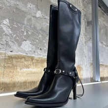 2025新款皮带扣尖头宽筒骑士靴女不过膝高跟时尚长靴