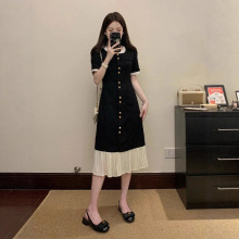 感轻奢小香风正肩短袖连衣裙女2025夏大码胖mm雪纺下摆直筒裙