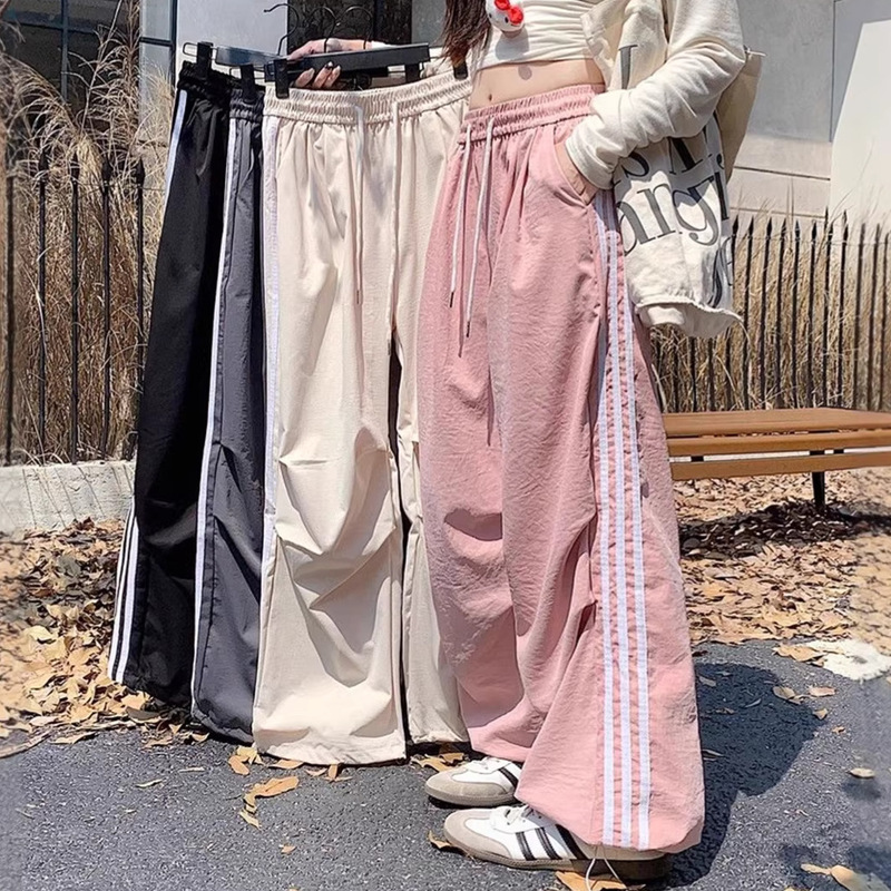 New American-Style Parachute Cargo Pants for Women, Summer Thin High-Waisted Side-Striped Casual Sports Wide-Leg Long Pants Trendy