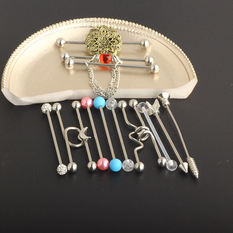 Industrial Barbell Earring Set Stainless Steel Heart Dangle Ear Studs Double Ear Holes Earrings Kit 14 Pieces Vintage Retro Style detail image 8