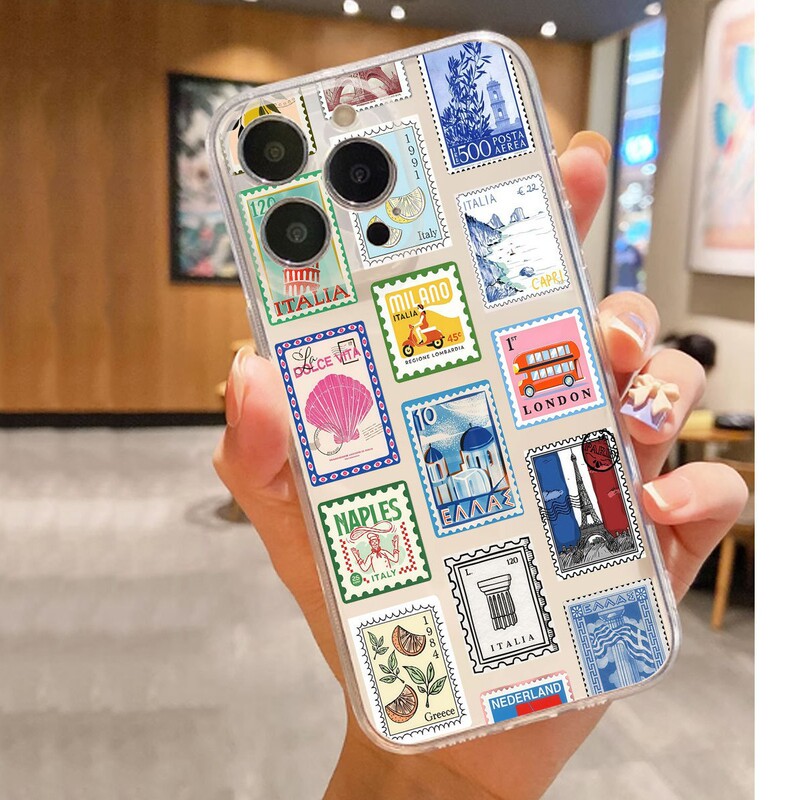 Stamp Combination Anti-Fall Transparent Case Suitable for iPhone 15/16/17 Series Promax/14 Phone Case Protection