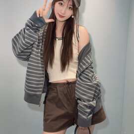 高货明星同款MM字母刺绣美拉德条纹拉链针织卫衣外套男女同款上衣