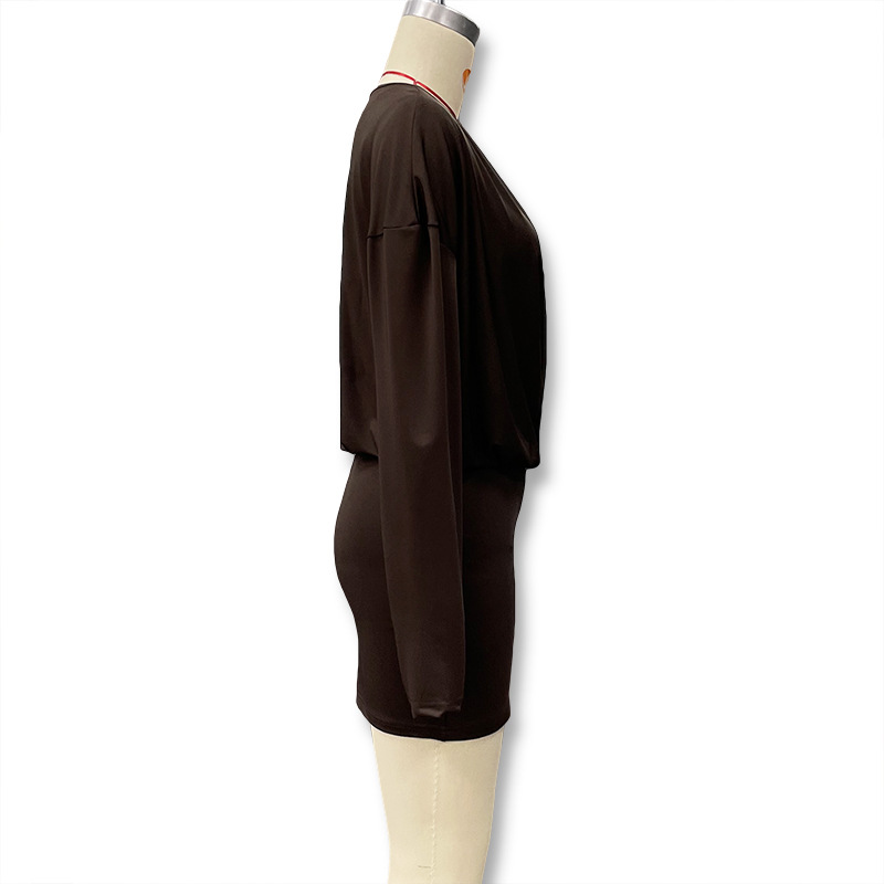 Women's Sexy Deep V Long Sleeve Dress American Style Solid Color Waist Cinching Bodycon Fashion For Autumn_ecoleips.com