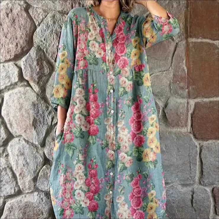 2026 Cross-Border E-Commerce Y2 New Summer Fashion European and American Women's Clothing, Fashionable High-End Long-Sleeved Printed Shirt Dress