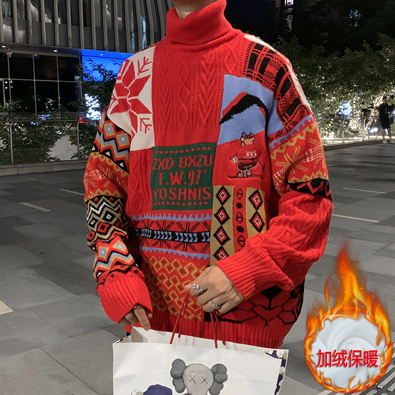 Suéter navideño para parejas, suéter de cuello redondo para hombre, estilo exportación, holgado, para otoño e invierno, suéter tipo cuello alto, abrigo grueso y cálido para jóvenes