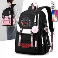 Рюкзак школьный (Stranger Things) с принтом Hellfire Club, USB‑порт, мягкая спинка, чёрно‑розовый