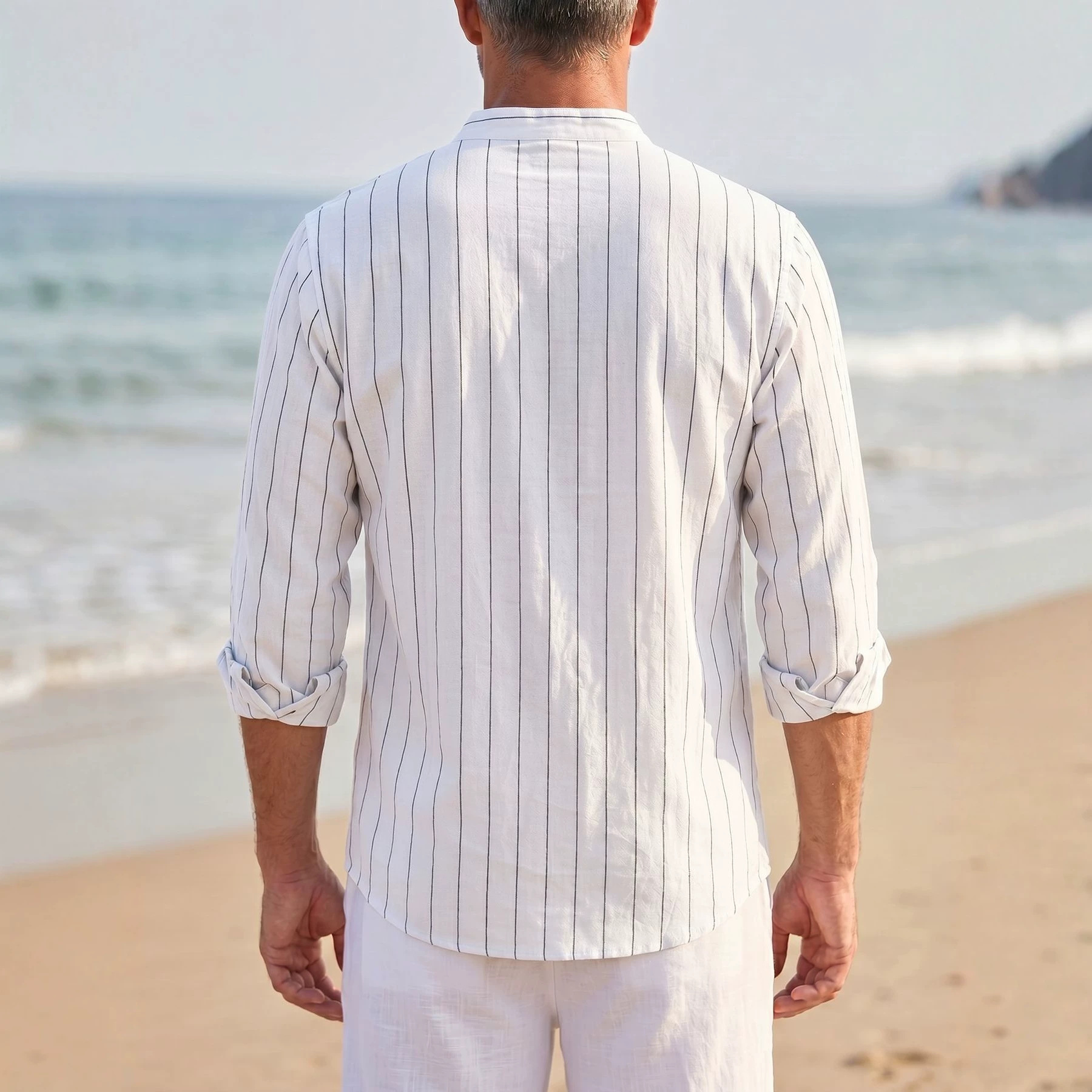 Transfronterizos primavera y verano estadounidenses con rayas de lino relajadas, cuello de manga larga, hombre de secado rápido, camisa transpirable americana grande