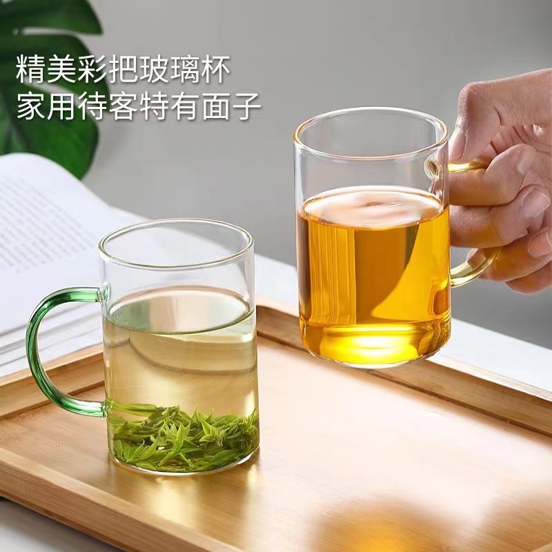 Taza de vidrio de alto borosilicato con mango, taza de vidrio de agua, taza de té de seis colores
