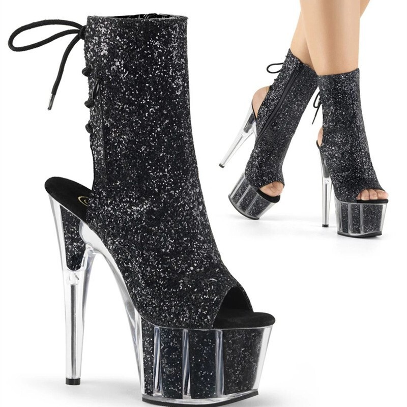 15cm Glitter Back Lace-Up Fish Mouth Stiletto High Heel Low Boots Nightclub Stage Steel Pipe High Heel Short Boots