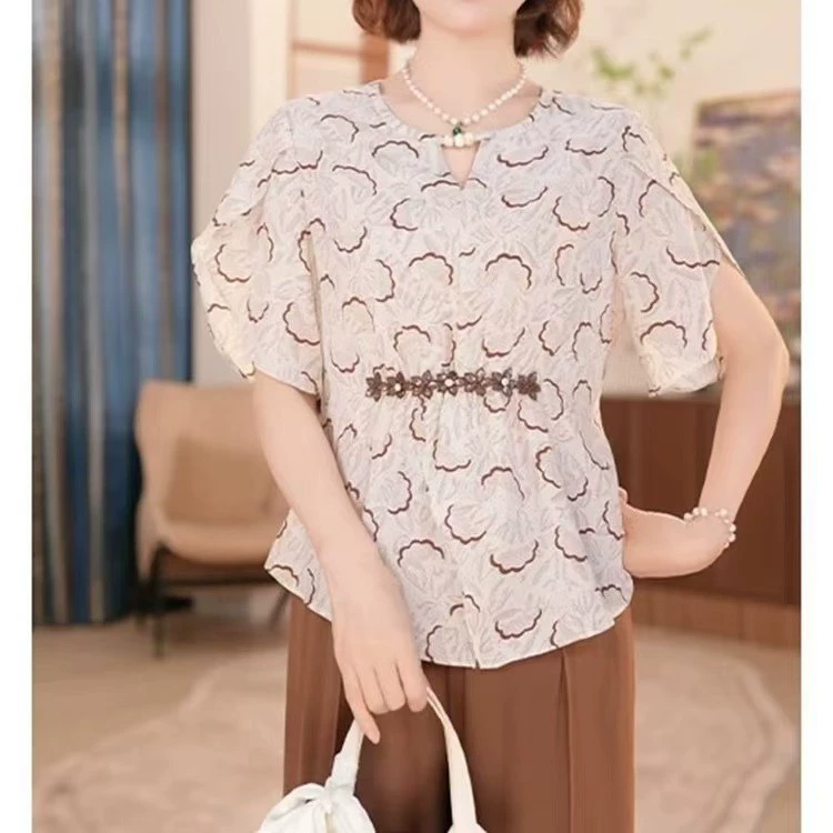 Весенний стиль для 50-летней матери, рубашки с рукавами три четверти, топы для женщин среднего и пожилого возраста, весенне-летние тонкие рубашки с принтом