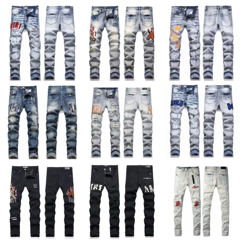 Amiri Export Slim Fit Elastic Four-Season Splicing Embroidered Leather Label Ripped Printed Fashion Men's European and American Jeans