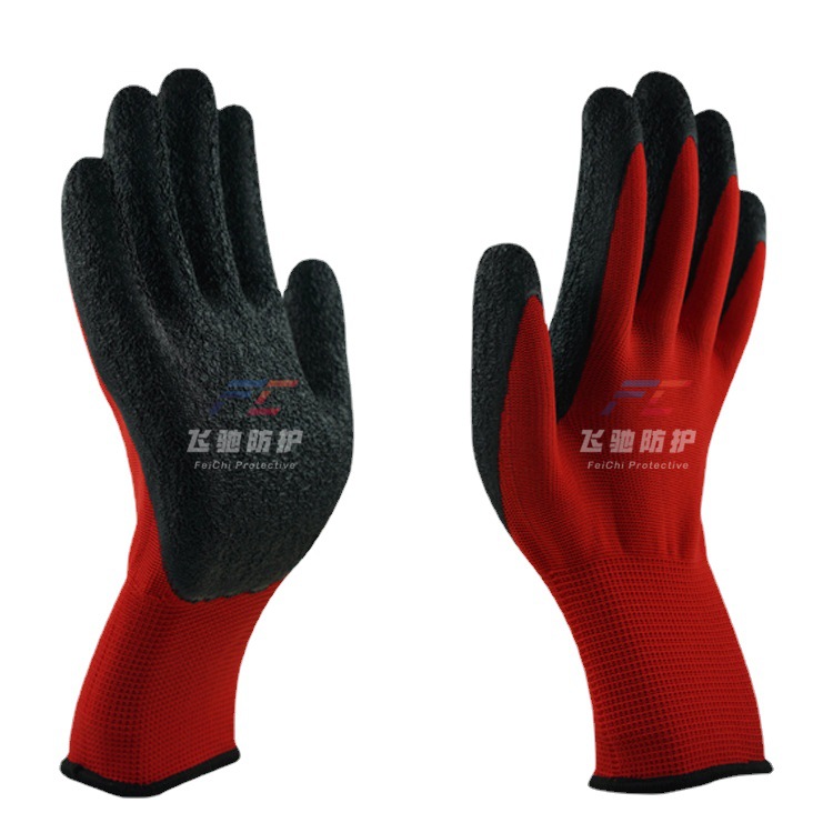 13针红纱黑皱纹浸胶手套劳保防护花园手套