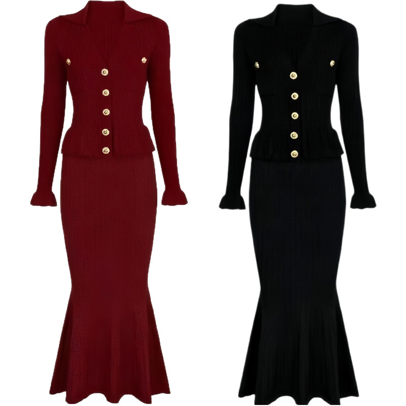 Retro Gentle Style Sweater Dress Cross-Border European and American Autumn and Winter New Style Knitted Long-Sleeved Knitted V-Neck Fishtail Long Skirt Retro Gentle Style Sweater Dress Cross-Border European and American Autumn and Winter New Style Knitted Long-Sleeved Knitted V-Neck Fishtail Long Skirt