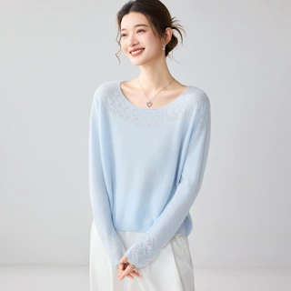 温柔清新康赛妮100%纯山羊绒针织衫女一字船领独特设计感毛衣套衫