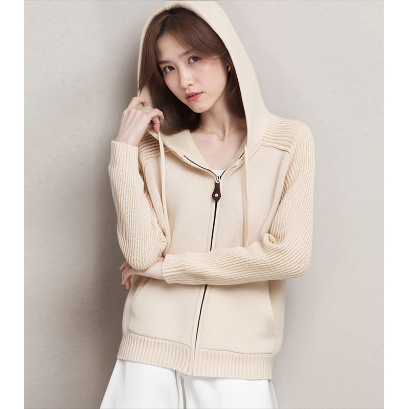 高级感绵羊毛山羊绒混彷针织开衫女2025秋季新款连帽宽松显瘦上衣