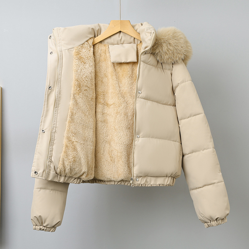 2025 otoño y invierno nuevo estilo americano pequeño corto gran cuello de cabello y camello grueso chaqueta de algodón de invierno de mujer chaqueta de algodón image 2