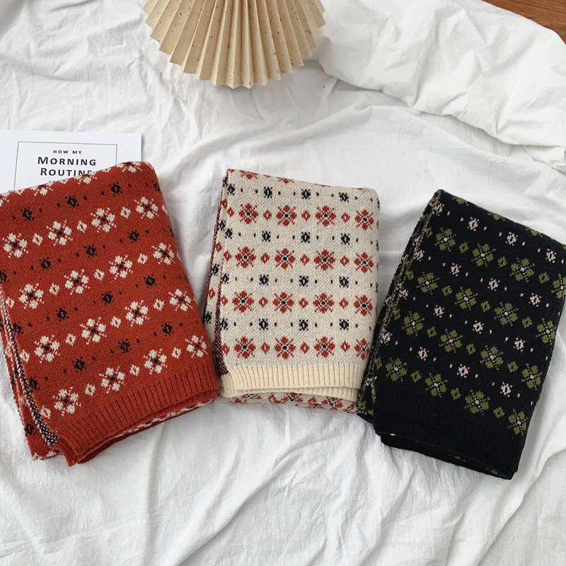 2024 겨울 신상품 꽃무늬 모직 스카프, 두껍고 따뜻한 스카프, 학생용 일본 복고풍 스카프, 다용도