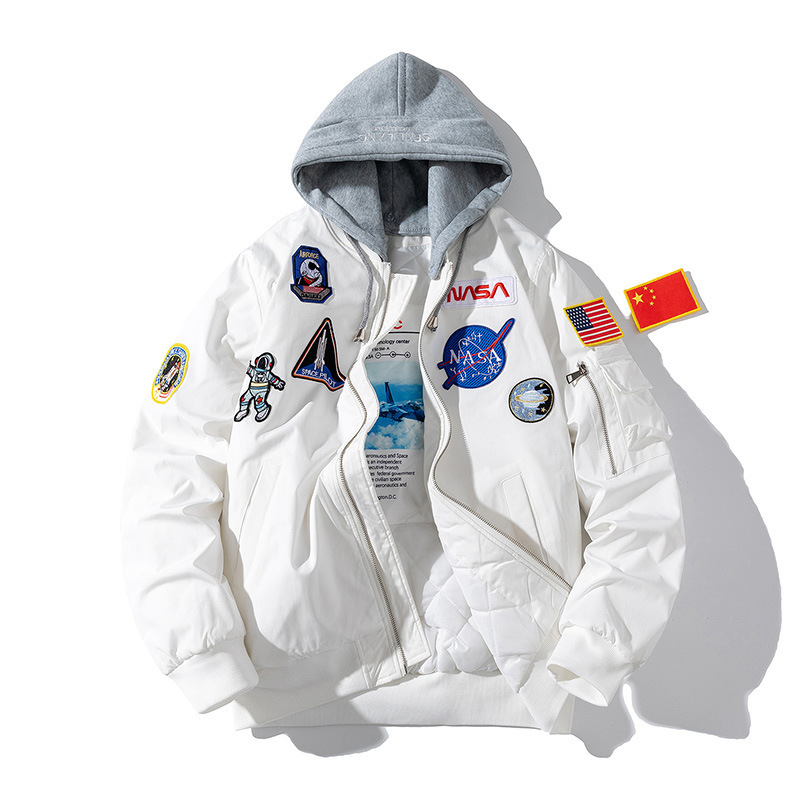 American casual jacket men's and women's embroidered loose pilot jacket cotton-padded hip hop couple baseball uniform winter thickened
