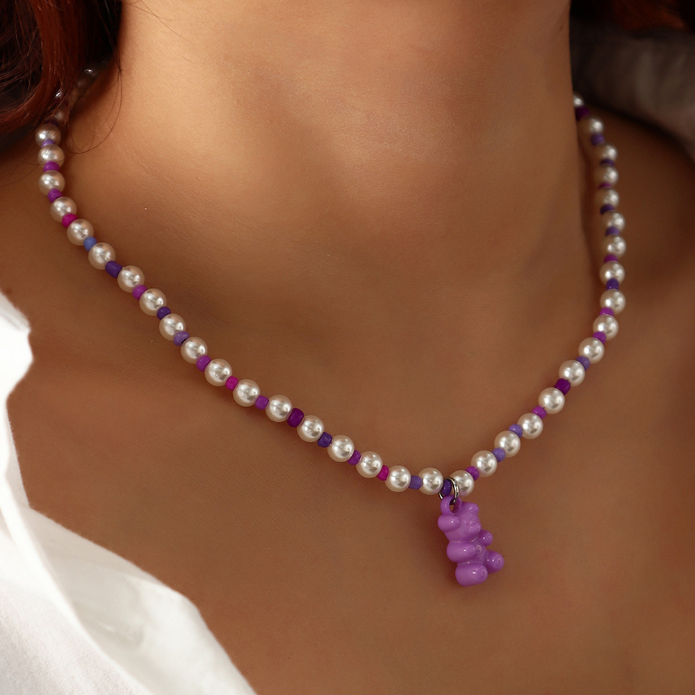 new macaron color jelly bear necklace personality trendy color rice bead pearl stitching clavicle ch